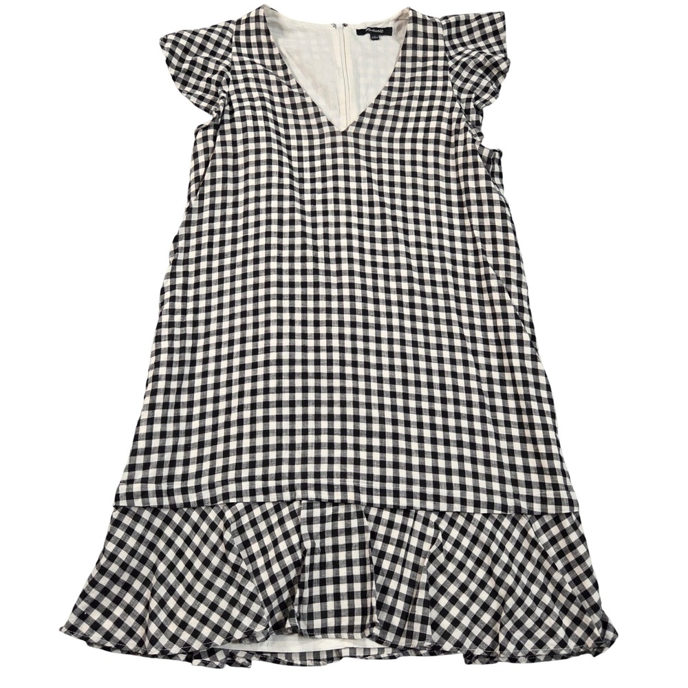Madewell Mini Dress Womens 4 Black White Gingham Flutter Sleeve Ruffle Hem G8001